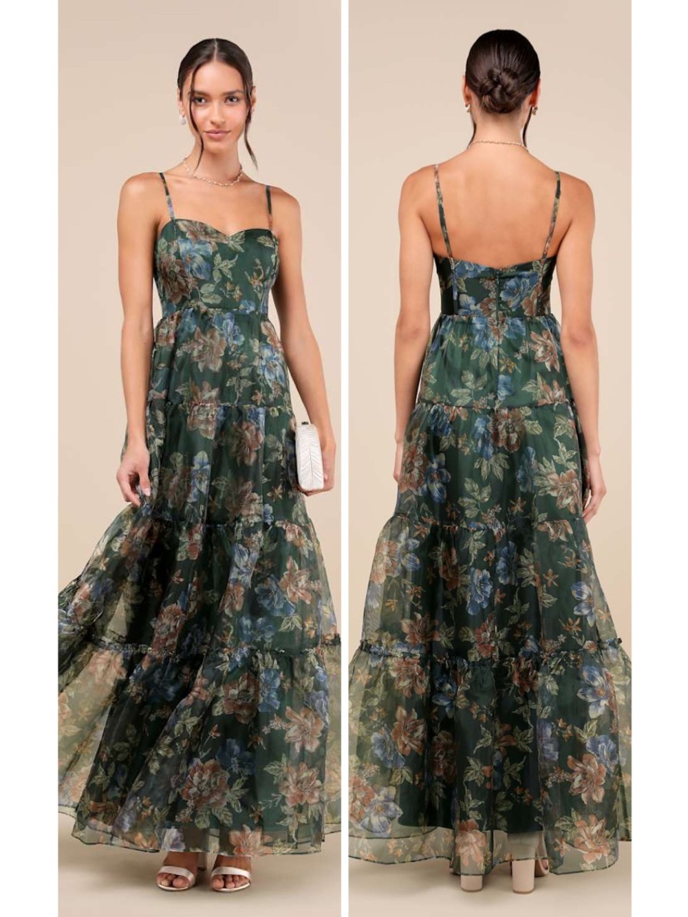 Lulus Exclusive Glamour Green Floral Organza Tiered Maxi Dress Size Medium NWT